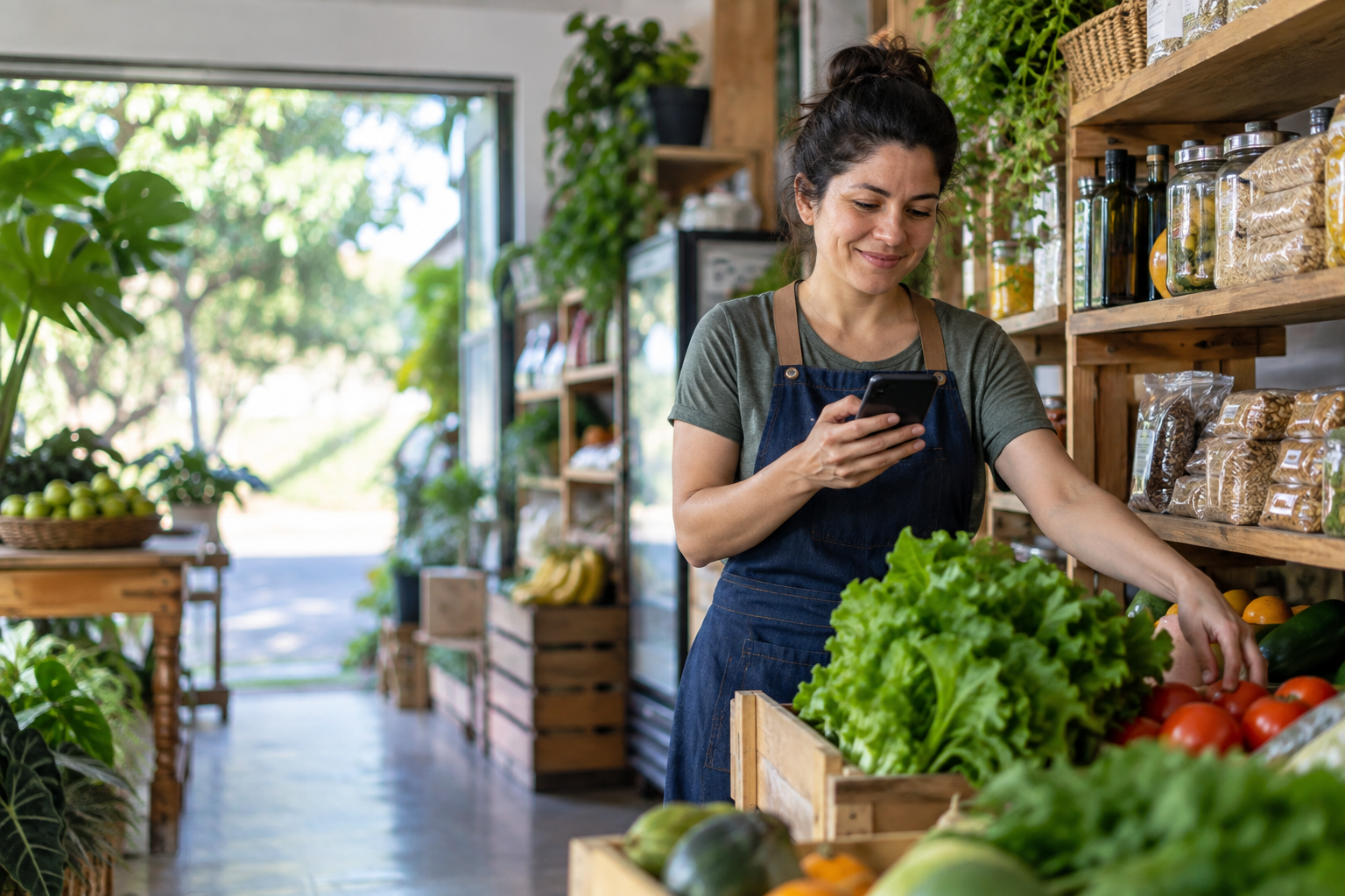 Comerciante organizando productos frescos en un negocio local con su teléfono